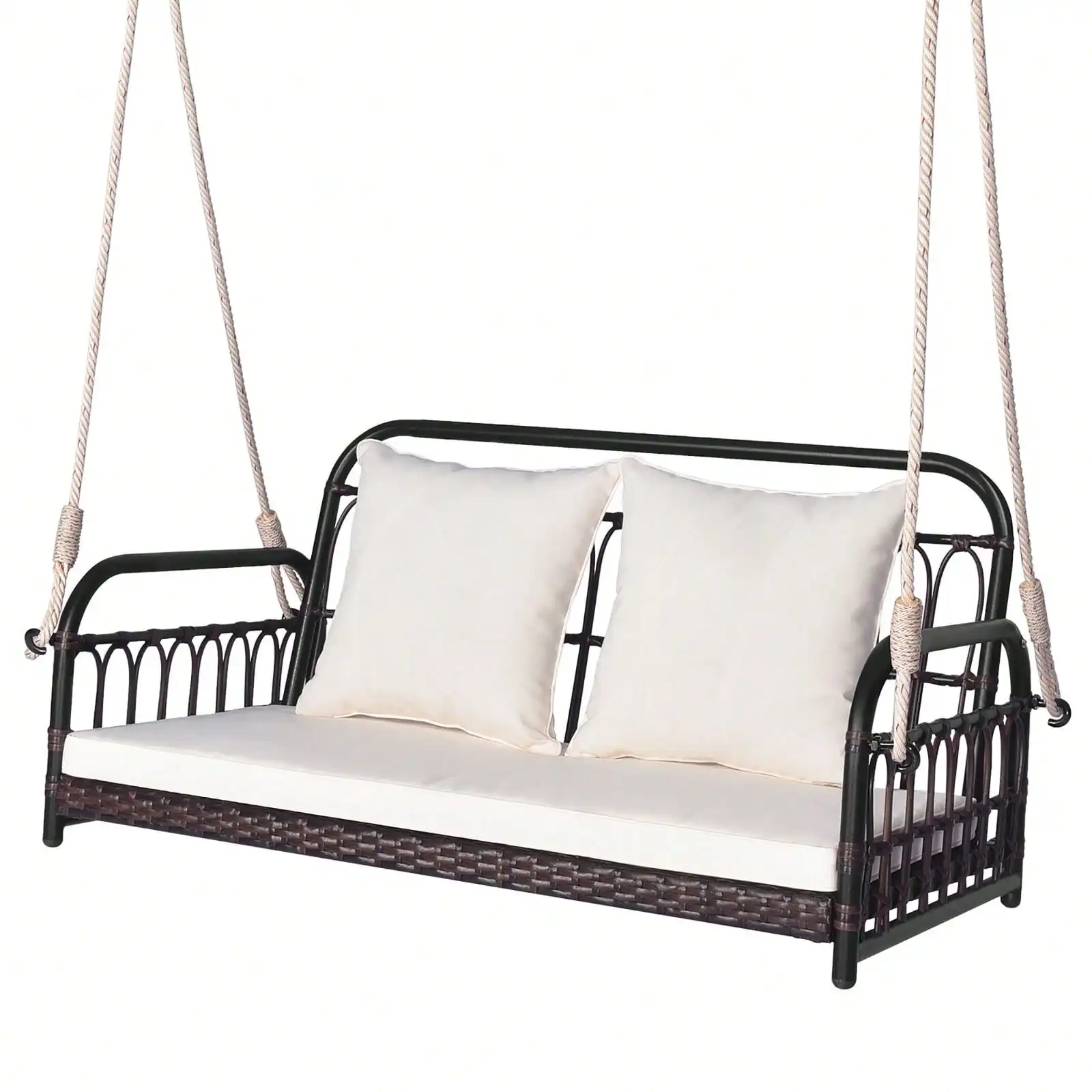 

Wicker Porch Swing 2-Person Outdoor Patio Hanging Chair w/ Cushions Mix Brown