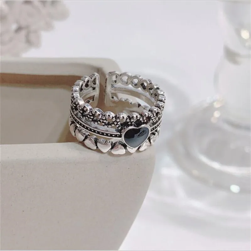 Distressed Spades Black Heart Shaped Retro Three-layer Combination 925 Sterling Silver Jewelry Love Sweet Opening Rings TYB032
