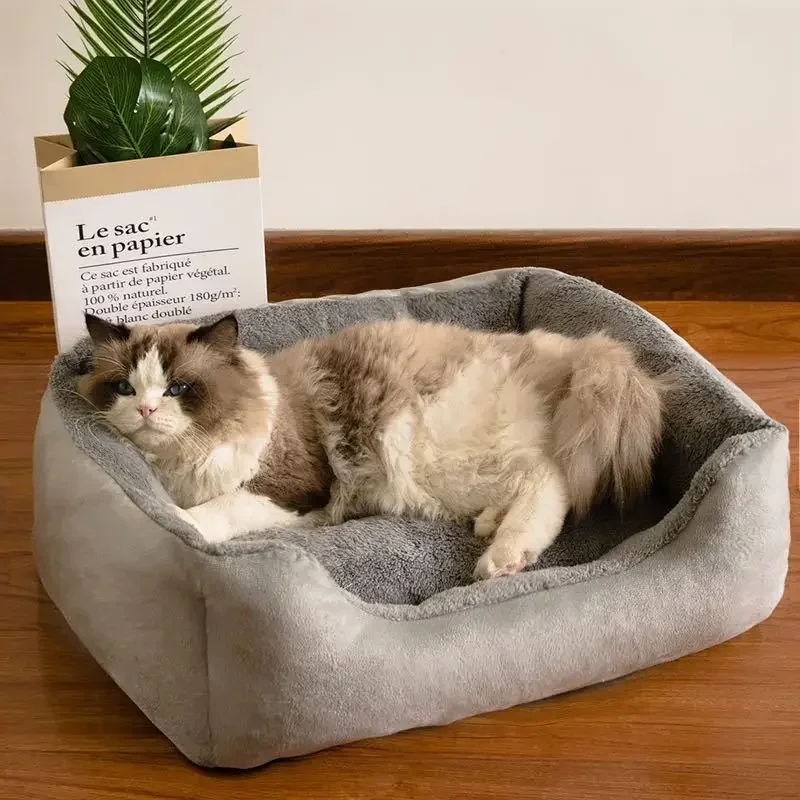 Flauschiges, verdicktes Katzenbett, quadratisch, warm, bequem, Haustierkissen mit rutschfester Basis, großes weiches Hundest, Winter-Haustierbedarf