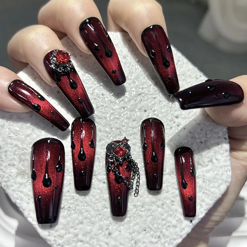 10 Pieces Dark Luxury Mysterious Colorful Handmade Press On Nails Red Cat Eye Blood Drops Vampire Red Diamonds Fake Nails