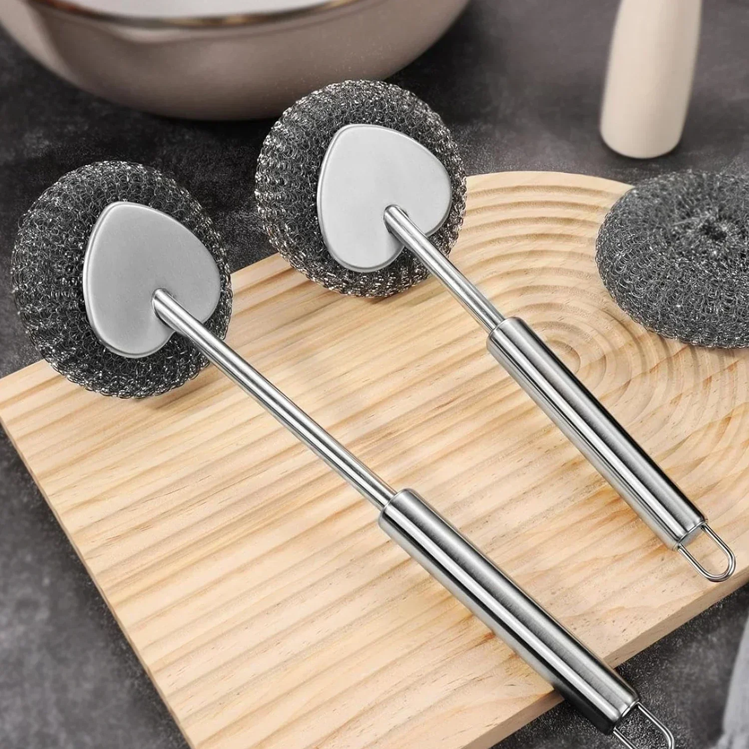 

Stainless Steel Cleaning Pot Brushes, Kitchen Long-Handle Brushes, dishwashing, Steel Wool Ball Cleaning Brushes,Scourer Scrub