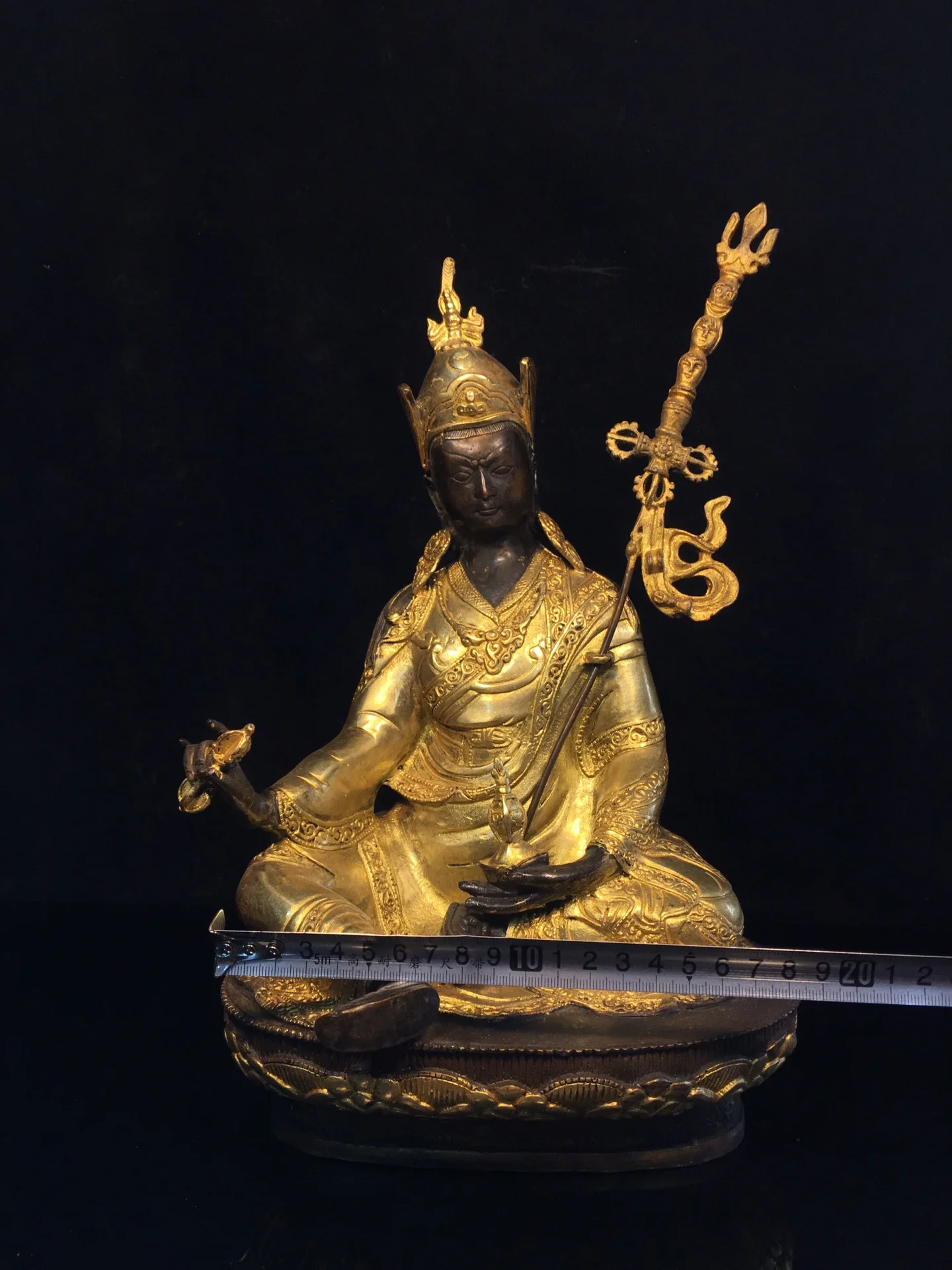 33CM Bronze gilded golden Padmasambhava Guru Rinpoche master Buddha statue, exquisitely crafted, weighing 2.7 KG