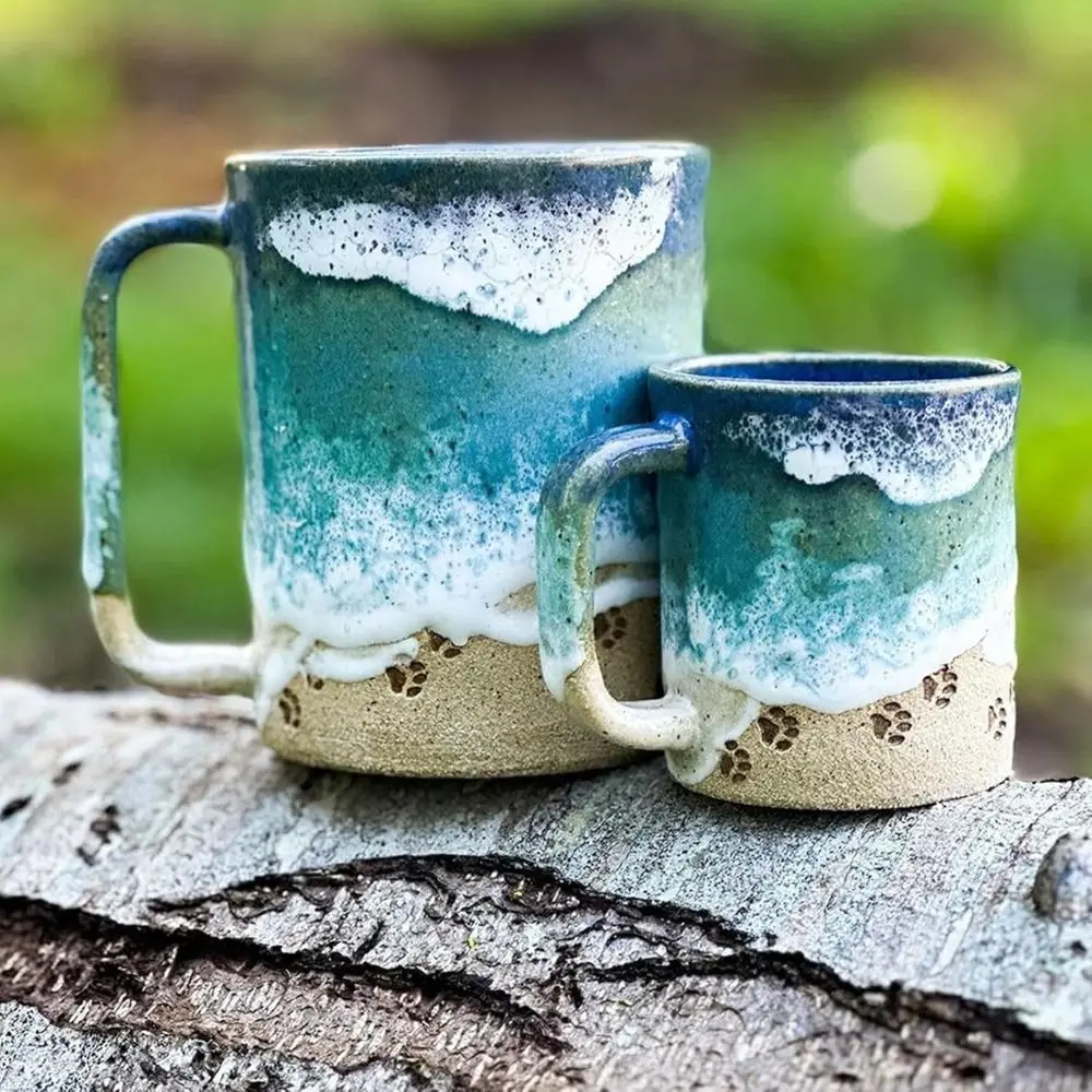 Creative Ceramic Ocean Shoreline Coffee Mug Paw Print 3D Waves Beach Mug Water Cup Coffee Supplies