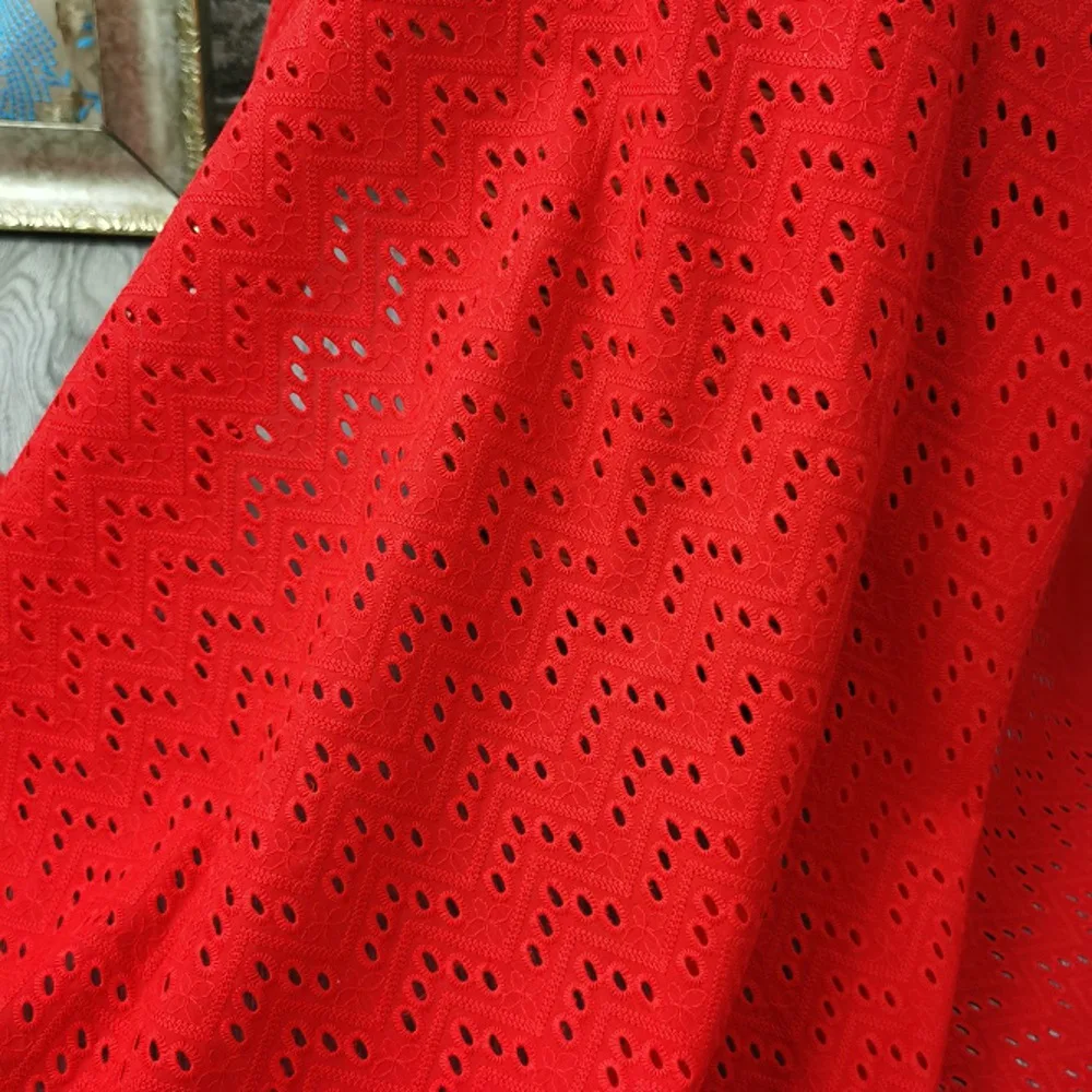

New High quality red 100% cotton embroidered fabric with cutwork embroidery for clothing home decor designer fabric