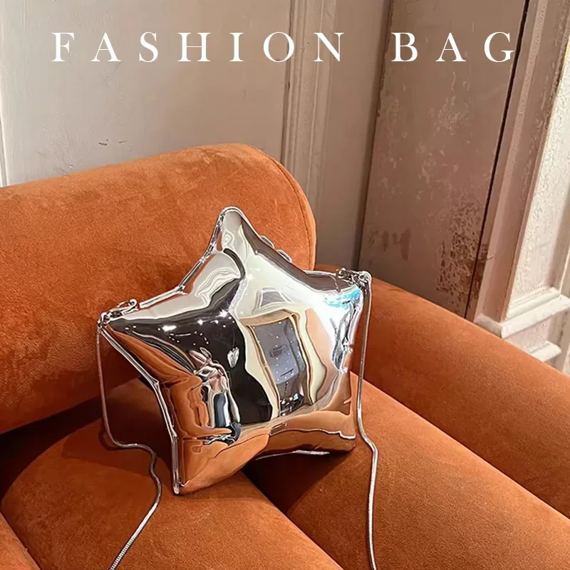 2024 New Nice design Silver And Gold Chain For Women Evening Bags Bright Face Five Pointed Star Shoulder Bag Funny Party Ladies