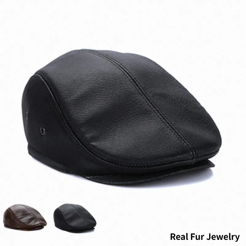 Winter Flat Caps Beret Men Black Warm Duckbill Hat Ivy Male Ear Flaps Thicker Genuine Cowhide Leather Solid Classic Driving Cap