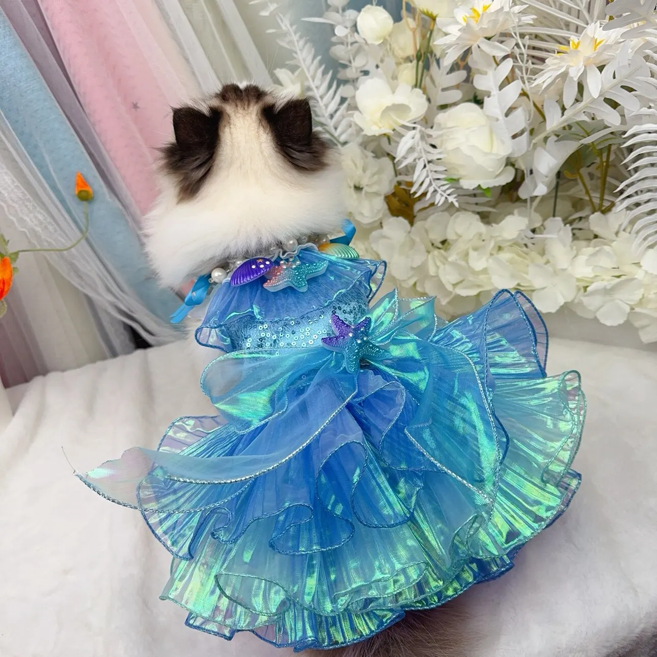 Blue Mermaid Pet Dog Clothes Luxury Handmade Starfish Bow Party Princess Dresses For Small Medium Dog Poodle Puppy Skirt Outfits