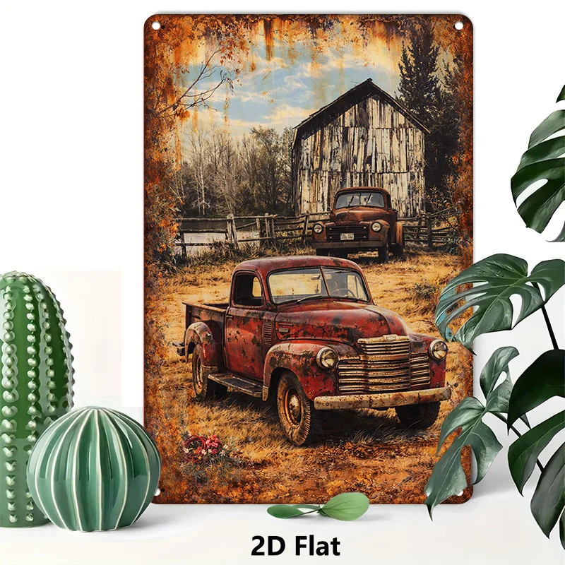 2D Flat - A Vintage Red Truck Tinplate Artwork for Decorating Living Rooms, Bedrooms, Hallways, And Kitchens. This Piece Makes a