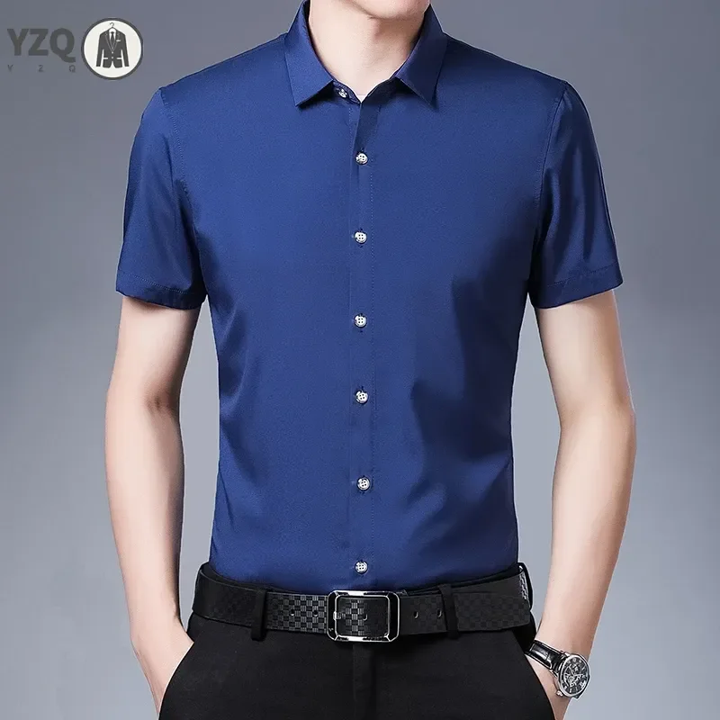 Men's Business Casual Solid Color Short Sleeved Shirt Non Ironing Comfortable Top