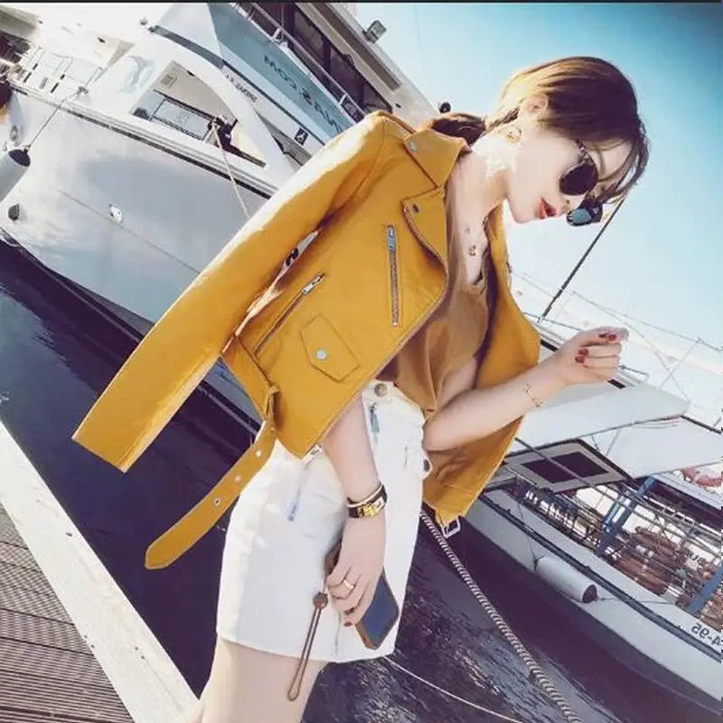 Spring Autumn Faux Leather Yellow Bomber Jacket Locomotive Belted PU Coat Zipper Cardigan Turn Down Collar Streetwear Crop Tops