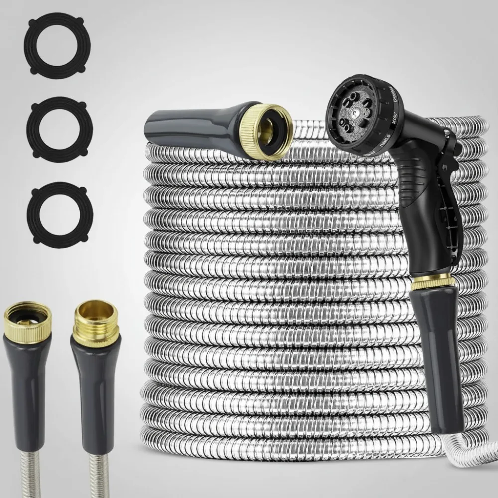 

75ft Heavy Duty Stainless Steel Garden Hose with 10-Function Nozzle for Outdoor Yard Watering