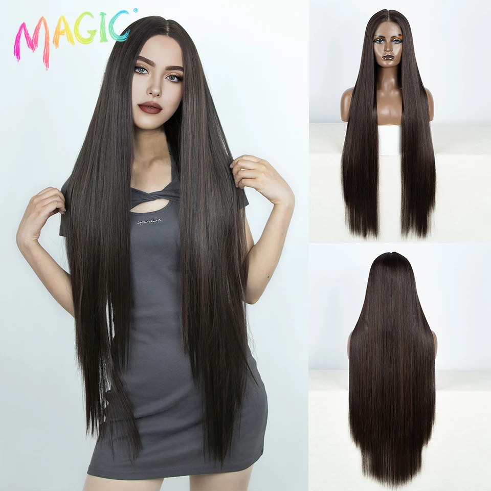 Magic Straight Synthetic Lace Front Wig For Women 38 Inch Long Ombre Brown Red Blonde Hightlight Lace Frontal Wigs Cosplay Wig