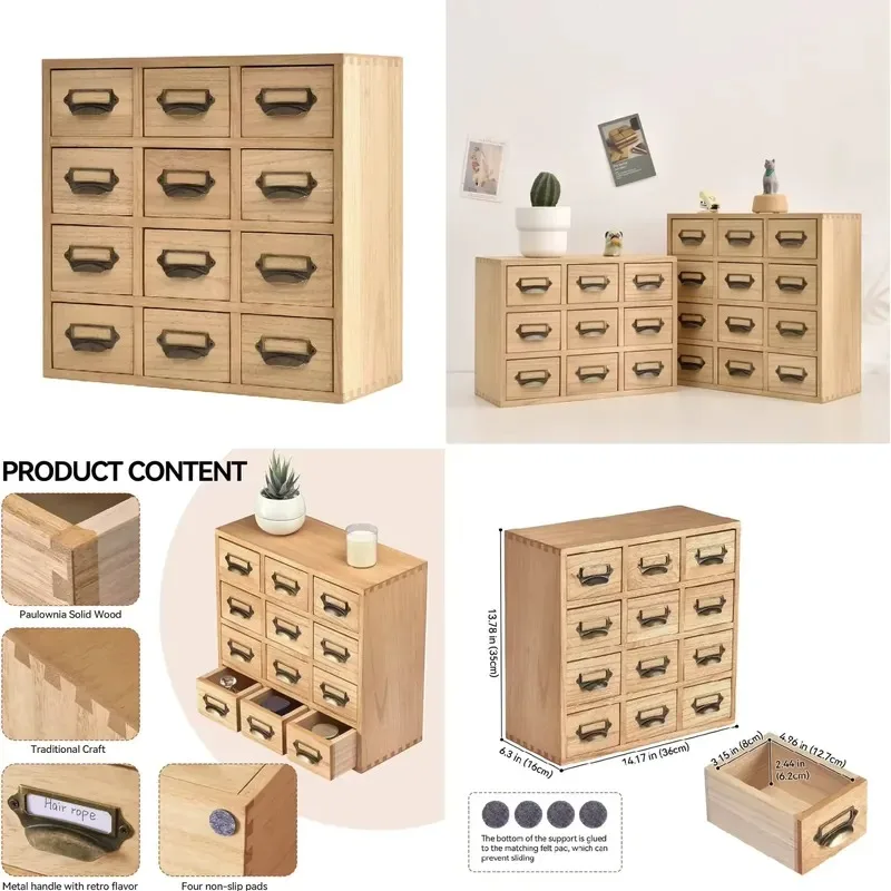Wooden Rectangular Drawer Storage Box Classic Handmade Desktop Organizer 12 Drawers with Metal Handle for Home Office