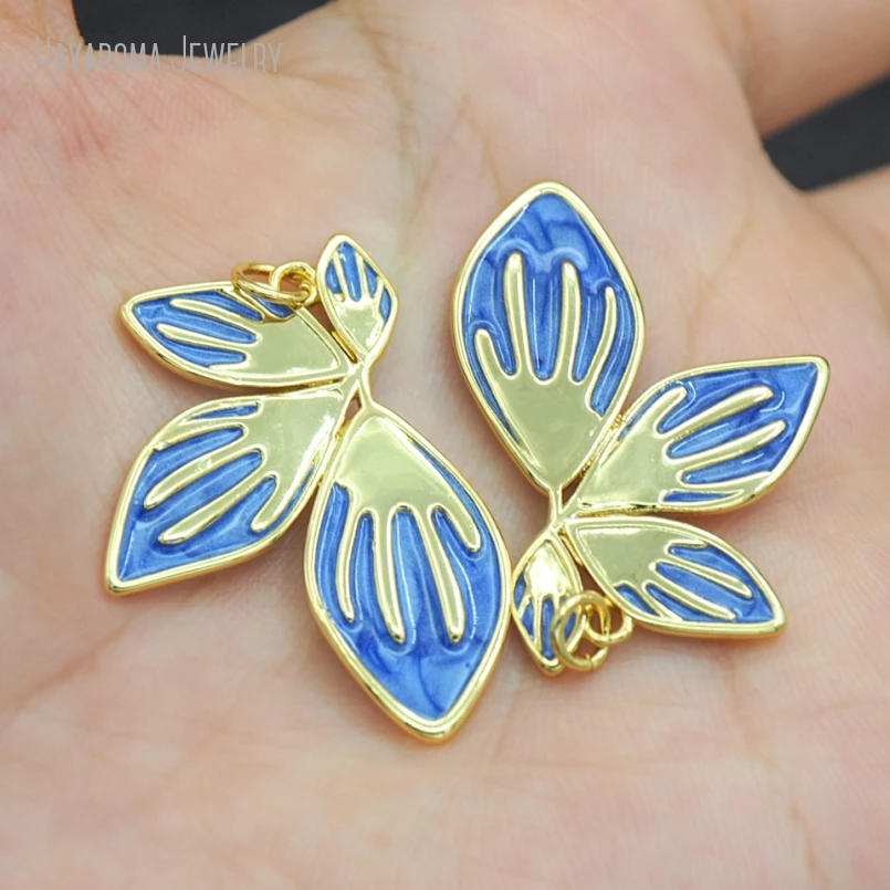 10Pcs Enamel Copper Leaf Shape Geometric Free Form Gold Color Metal Jewelry Wholesale Pendant PM53273