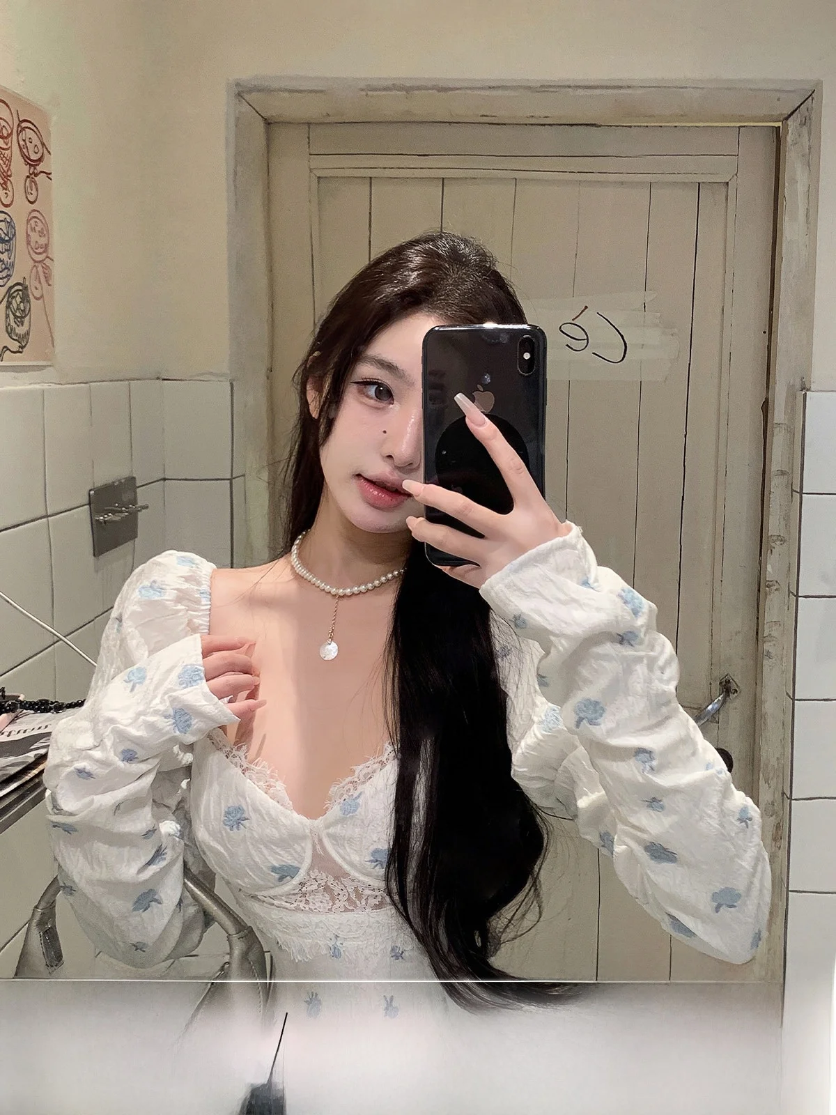 

Женская блузка с длинными рукавами и кружевными вставками Cloud Salt, в корейском стиле, приталенная, для повседневной носки, с цветочным принтом, короткий рукав, Po...