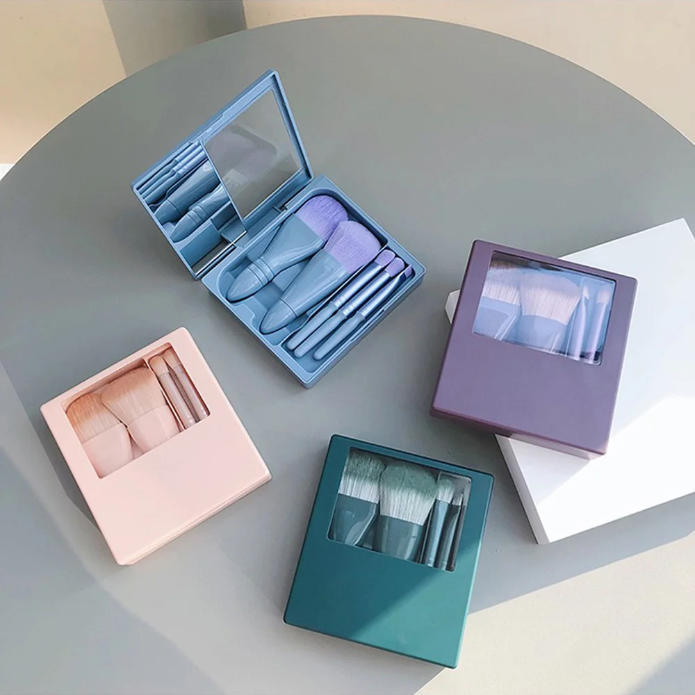 Set di pennelli per trucco portatile da 5 pezzi con specchio Pennello per ombretto multifunzionale Pennello per fondotinta Pennello per cipria Strumento di bellezza cosmetica