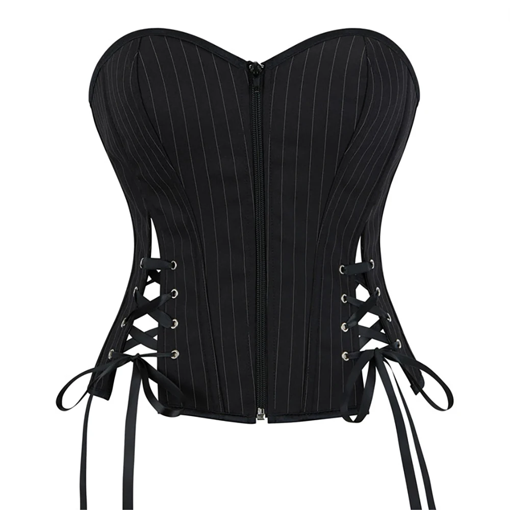 

Sexy Black Striped Overbust Corset Office Lady Corselet Sexy Women Zip Corset Bustier Strapless Crop Tops Costume Fashion