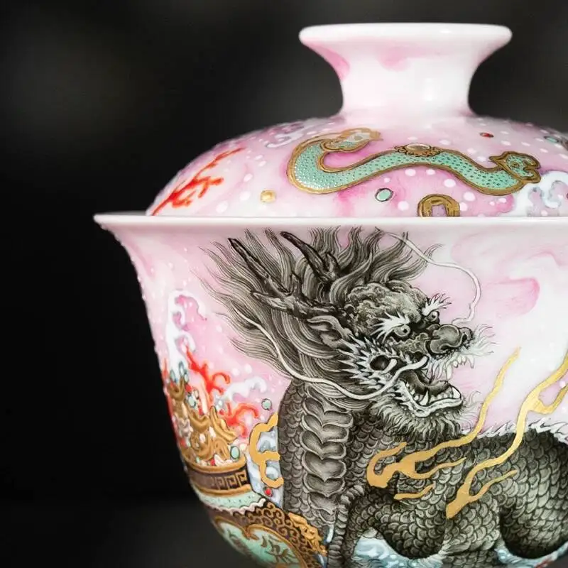 Sacred Mountain Jingdezhen Pastel Gemstone Red Treasure Ink Qilin Hand-Painted Ceramic Set For Brewing Tea Gaiwan