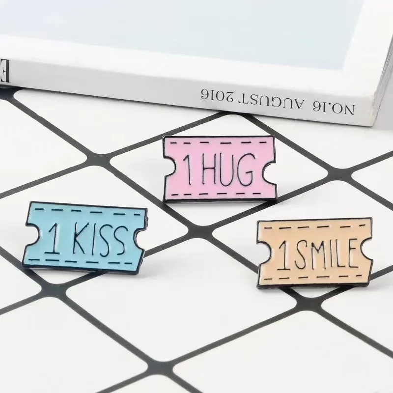 KISS HUG SMILE Coupon Enamel Pin Custom Brooches Lapel Badges Denim Bag Romantic Lover Tickets Jewelry Gift for Friend Wholesale