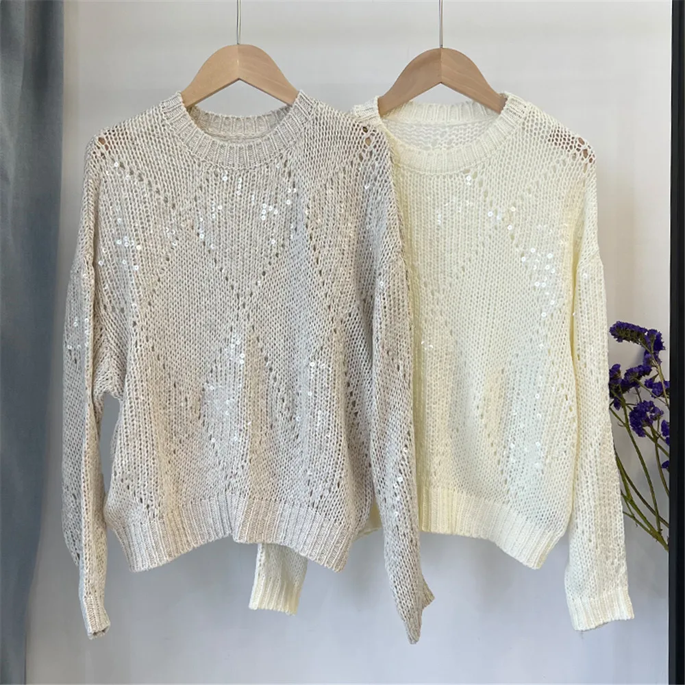 

Cotton Linen Blended Pullover For Women Sequined Hollow knitted Sweater