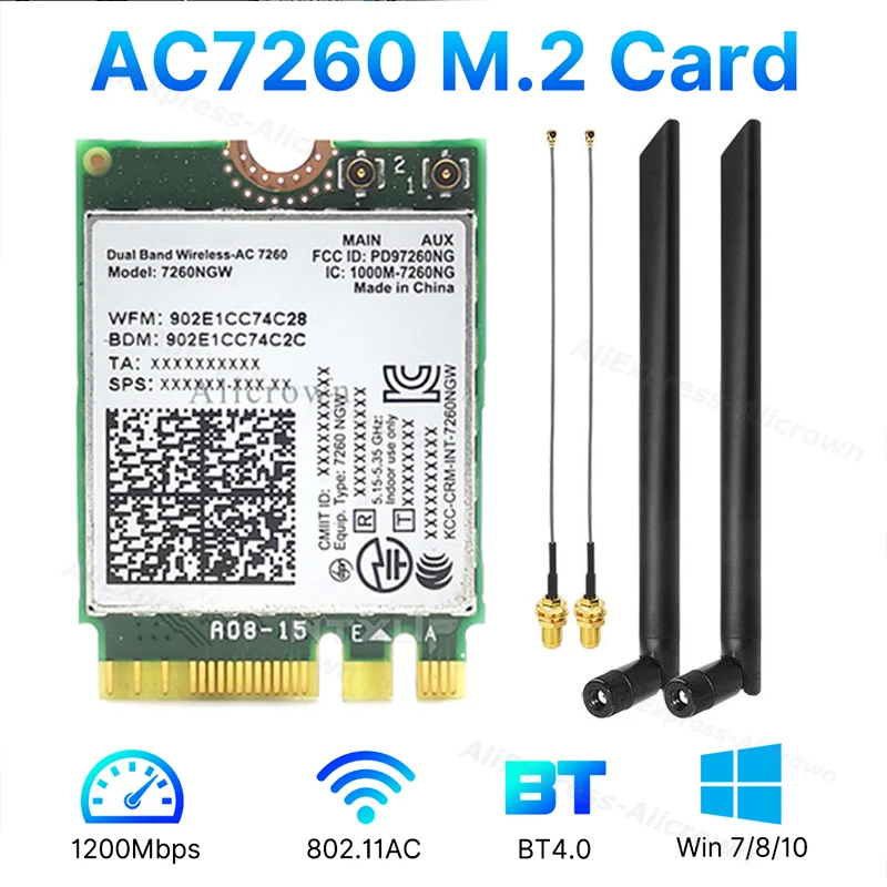 7260NGW M.2 Wifi بطاقة لاسلكية 1200Mbps ثنائي النطاق 2.4G 5G بلوتوث 4.0 802.11AC بطاقة محول مع هوائي لأجهزة الكمبيوتر المحمولة المكتبية