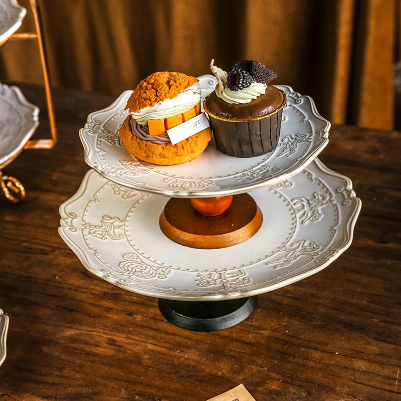 HYS French Embossed Dessert Tray Ceramic Wooden Tall Fruit Tray Refreshments Saucers Snacks Storage