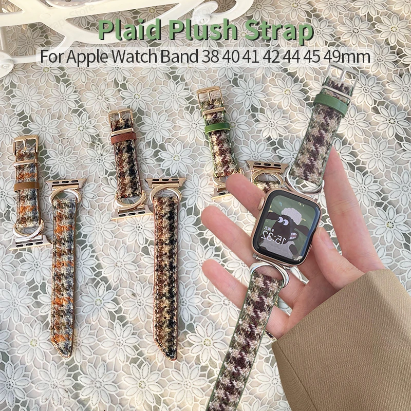 

Retro Plaid Woolen Strap for Apple Watch 44mm Band 41 38 49 Leather Bracelet for Iwatch Band Serie 7 8 6 SE 5 4 Smartwatch Band