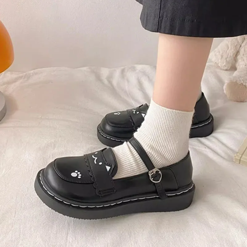 Cute Women's Lolita Shoes Cartoon Cat Heart-shaped Buckle Strap Mary Jane Shoes 3cm Low Heels Platform Faux Leather Thin Shoes view 3