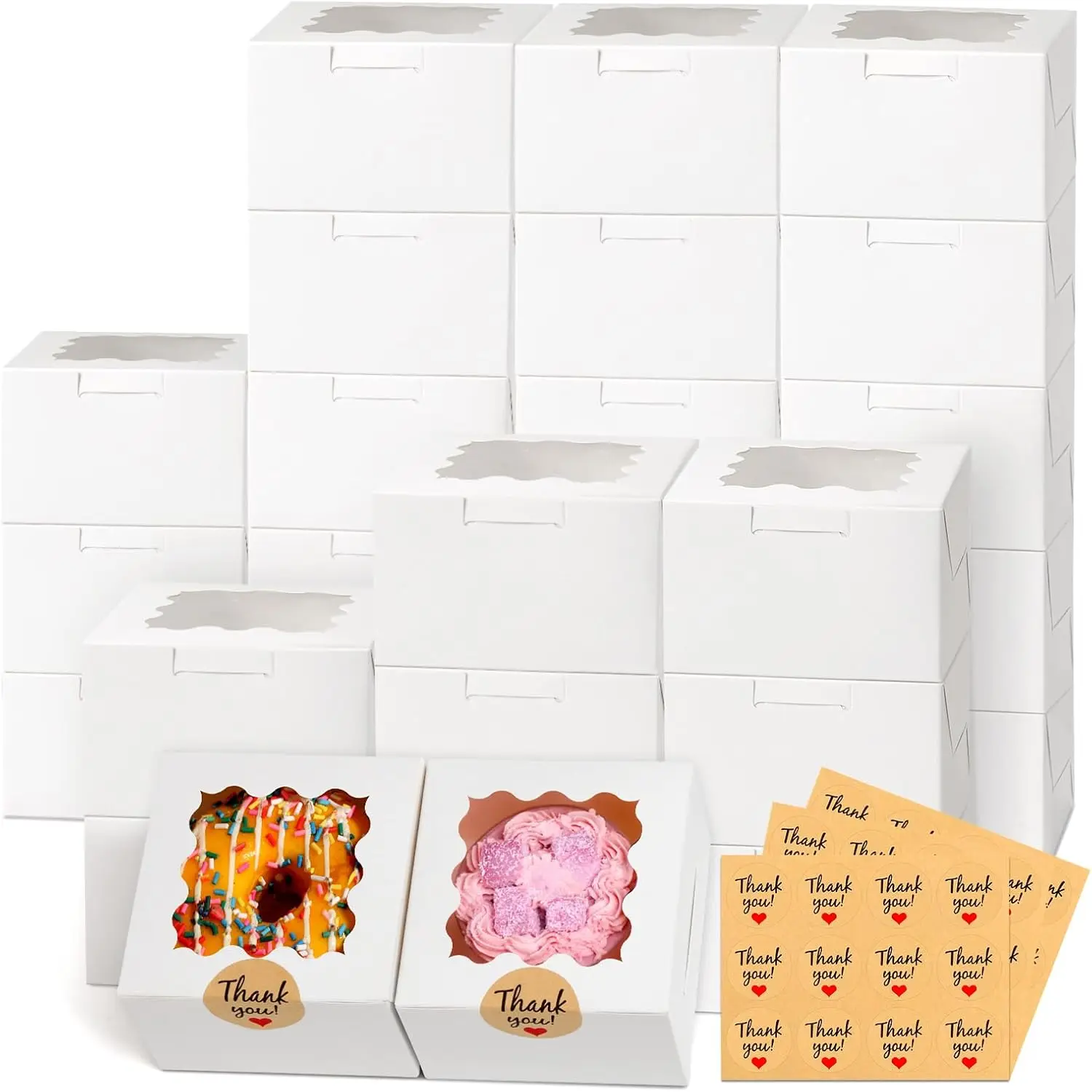 

26Pcs White Cookie Boxes with Window 4x4x2.5in + 36 Stickers for Bakery Treats