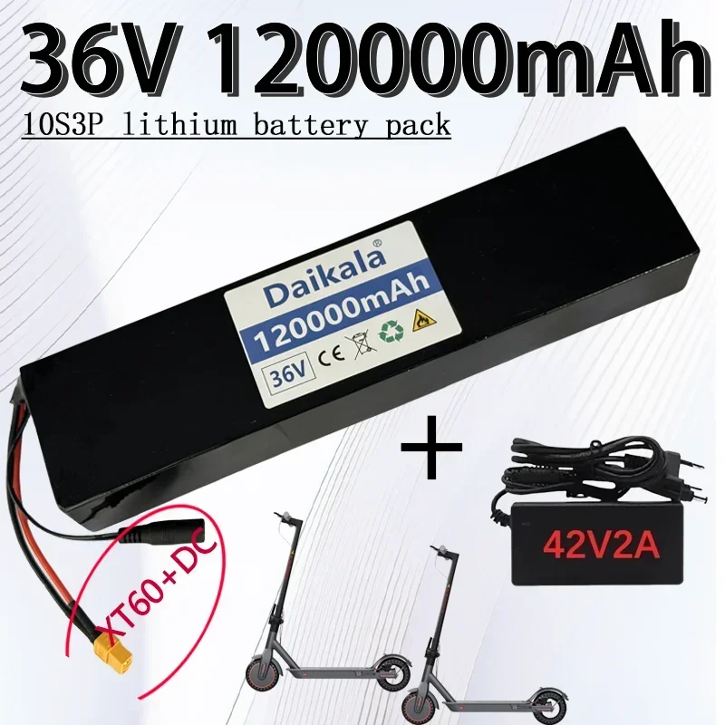 

36V 10S3P 120000mAh lithium battery pack 18650, suitable for electric scooter bicycle XT60 DC connector, built-in BMS