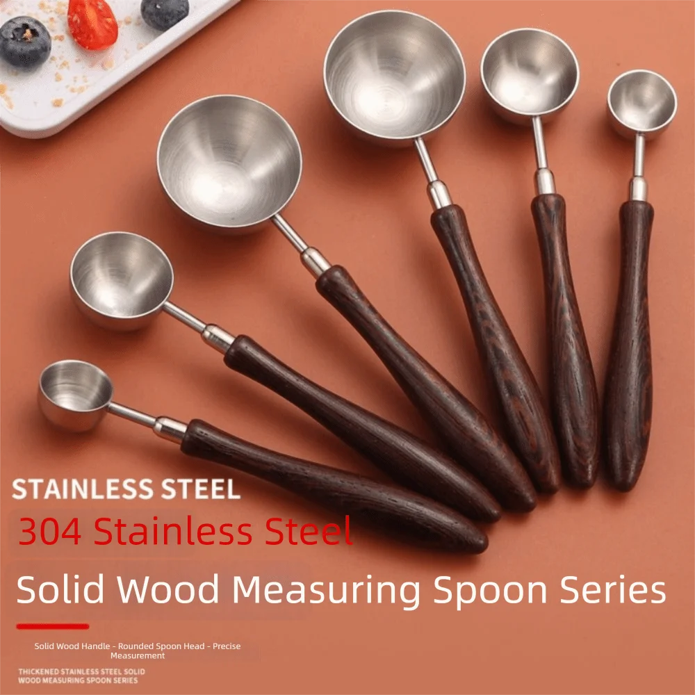 New Wood Handle Coffee Spoon Stainless Steel Round Head Long Coffee Scoop Spoon Long-handled Measuring Spoon Cafe Decoration