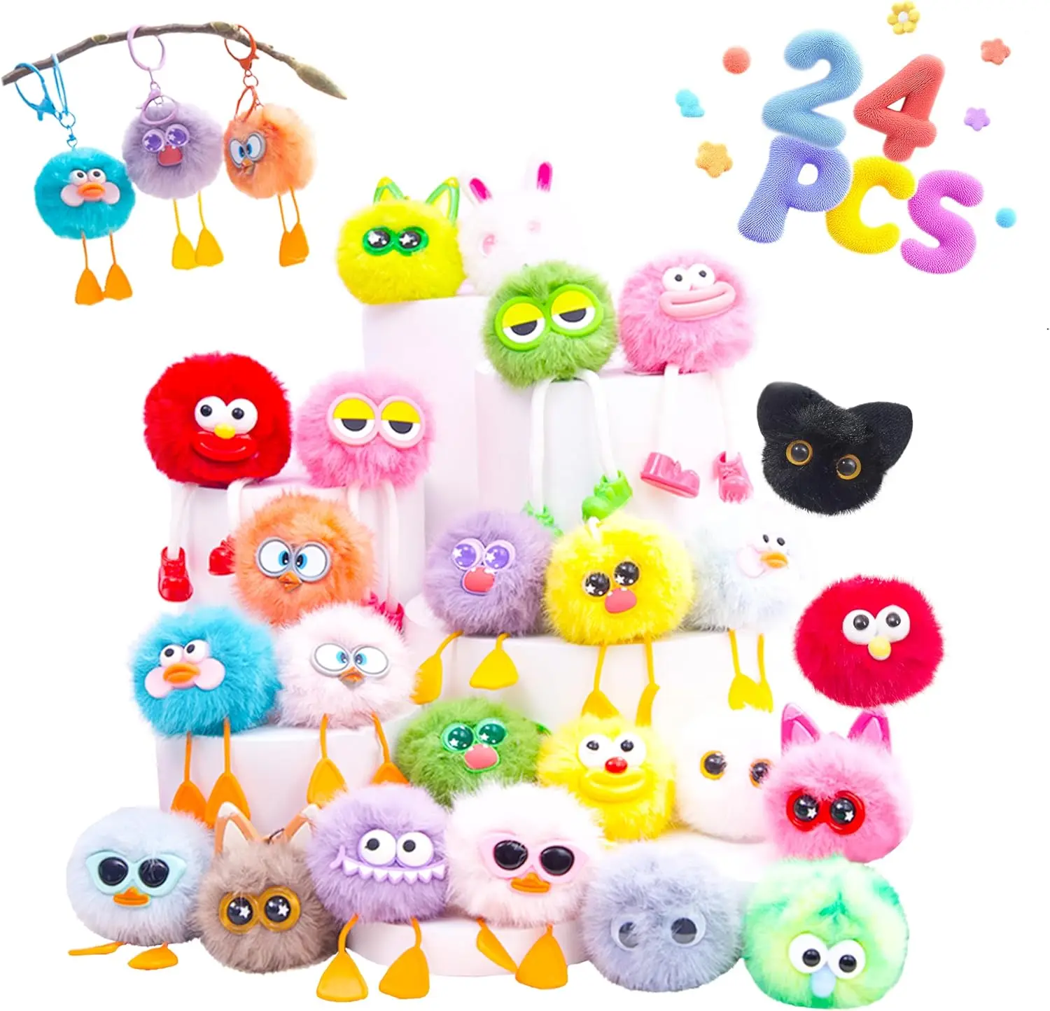 

24 Adorable Fluffy Plush Kids Keychains for Valentine's Day Gifts, Classroom Prizes, and Party Favors