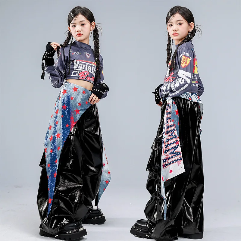 Children Hip Hop Dance Performance Costumes For Girls Crop Tops Black Leather Pants Suit Modern Jazz Dance Wear