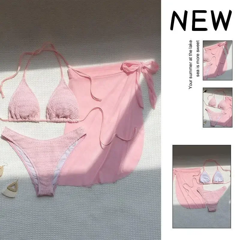 Rosa einfarbiger 3-teiliger Badeanzug für Damen, 2023, Sommer, Strandrock, Bikini, V-Ausschnitt, Neckholder, rückenfrei, Badeanzug, Sommer-Strandbadebekleidung