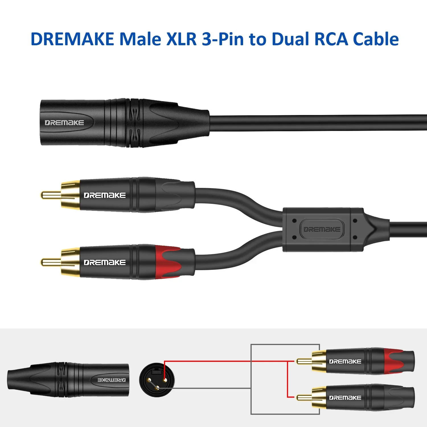 DREMAKE męski XLR 3-Pin, aby dokładnie RCA męski rozdzielacz Y XLR do wtyczka RCA Adapter Stereo kabel 2 RCA do 2 XLR Interconnect kabel do mikrofonu