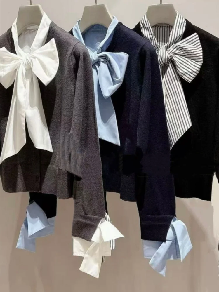 

Elegant Sweet Style Knitted Sweater Cardigan with Knot Splice Sleeve Stand Collar Pure Color Women's Fashion