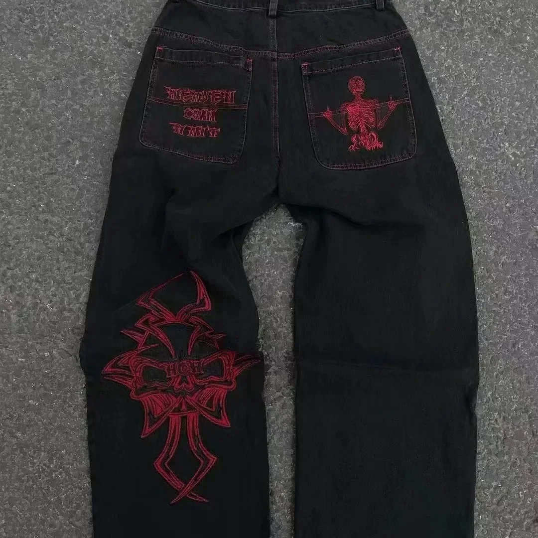 Tide Brand Full-embroidered  Full-embroidered Skull Cotton Casual Pants Men's Straight Pants Tide Casual Overalls