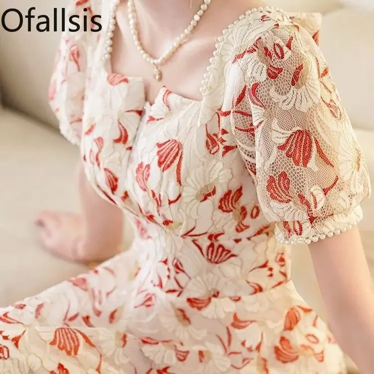 Ofallsis Beaded Puff Sleeve Toasting Attire Dress 2023 Summer New Vintage Wedding Engagement Dress Slim Fit French Style Dresses