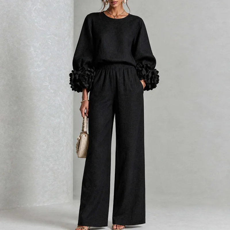 Autumn Solid Two‑Piece Sets Ladies Round Neck Lantern Sleeve Top 3D Flower Wide Leg Trousers Suit Elegant Daily Vacation Outfits view 3