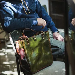 Vintage fashion luxury designer top layer cowhide men's handbag outdoor casual organizer genuine leather youth shoulder bag
