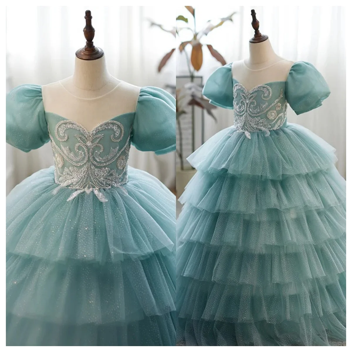 Custom luxury girls embroidered mesh flower girl dress puff sleeves sequin cascading ruffles trailing prom dress 2026 wedding