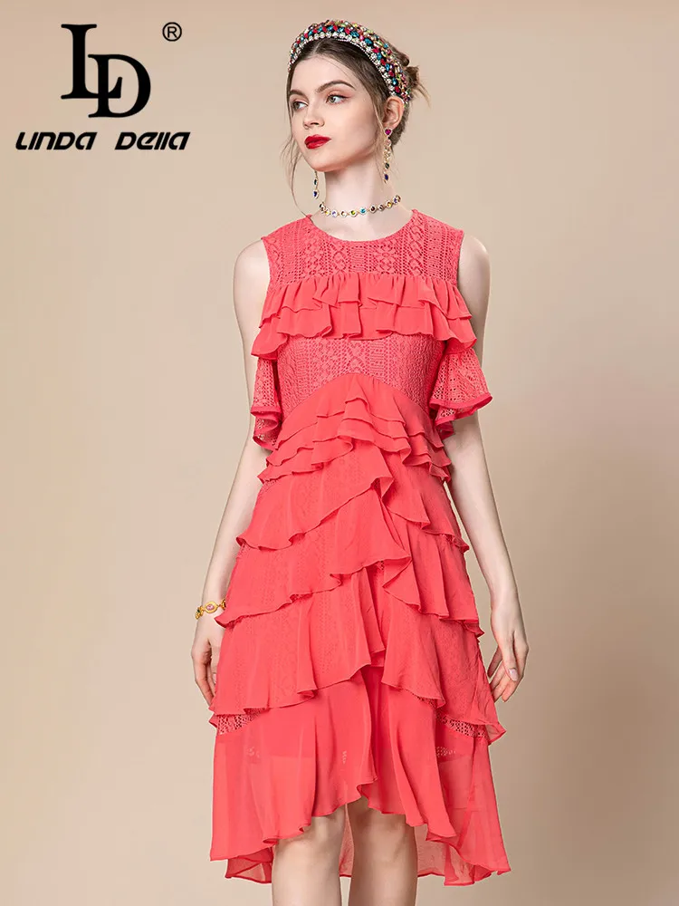 

LD LINDA DELLA Summer Fashion Runway Dress Women's Off-the-Shoulder Cascading Ruffle Splice Embossed hollow party Dresses