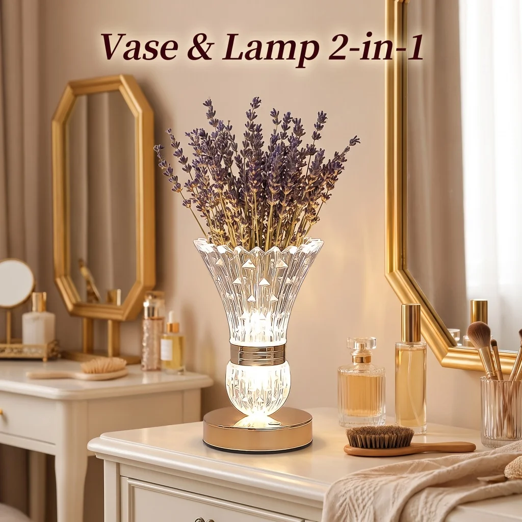 Rechargeable Crystal Vase Table Lamp, Touch Control LED Night Light with Stepless Dimming, 3 Color Modes Warm/Natural/White Light, 500mAh Battery Portable Decorative Desk Lamp for Bedroom Reading Home Atmosphere Decoration
