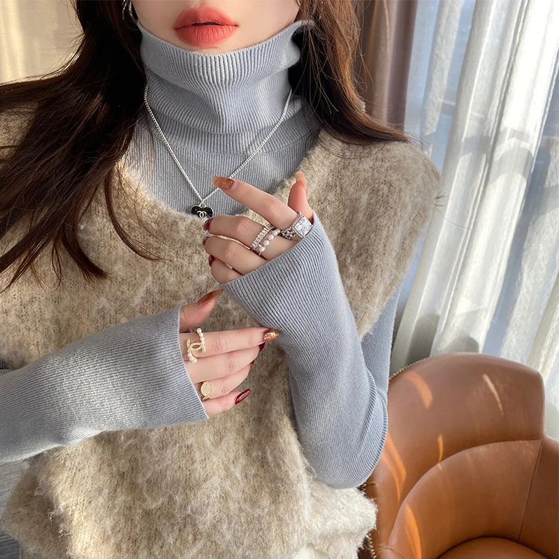 Camisola de malha feminina pullovers nova manga longa gola alta camisola de malha branca pulôver feminino topos blusas roupas femininas q1326