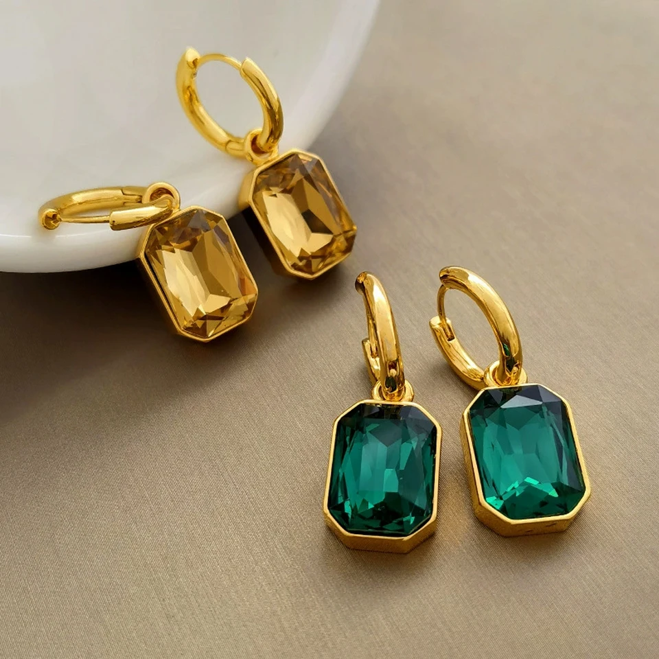 Yupsk Trendy Square Stainless Steel Crystal Zirconia Earrings For Women Girls Gold Color Metal Hoop Earring Party Daily Jewelry
