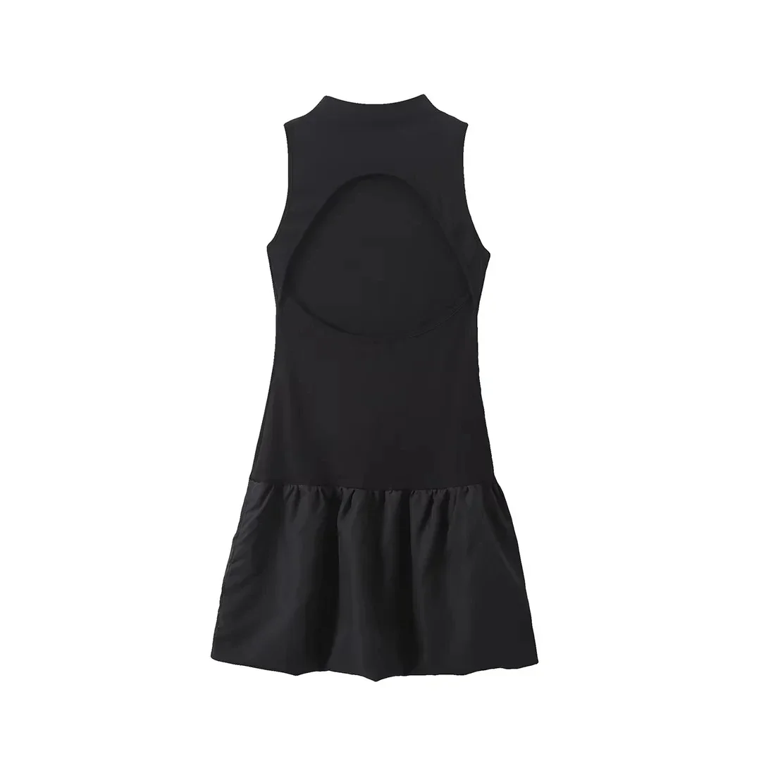 TRAF-Mini Robe Noire Plissée à Col Haut pour Femme, Tenue Courte, Dos aux, Découpée, 2024