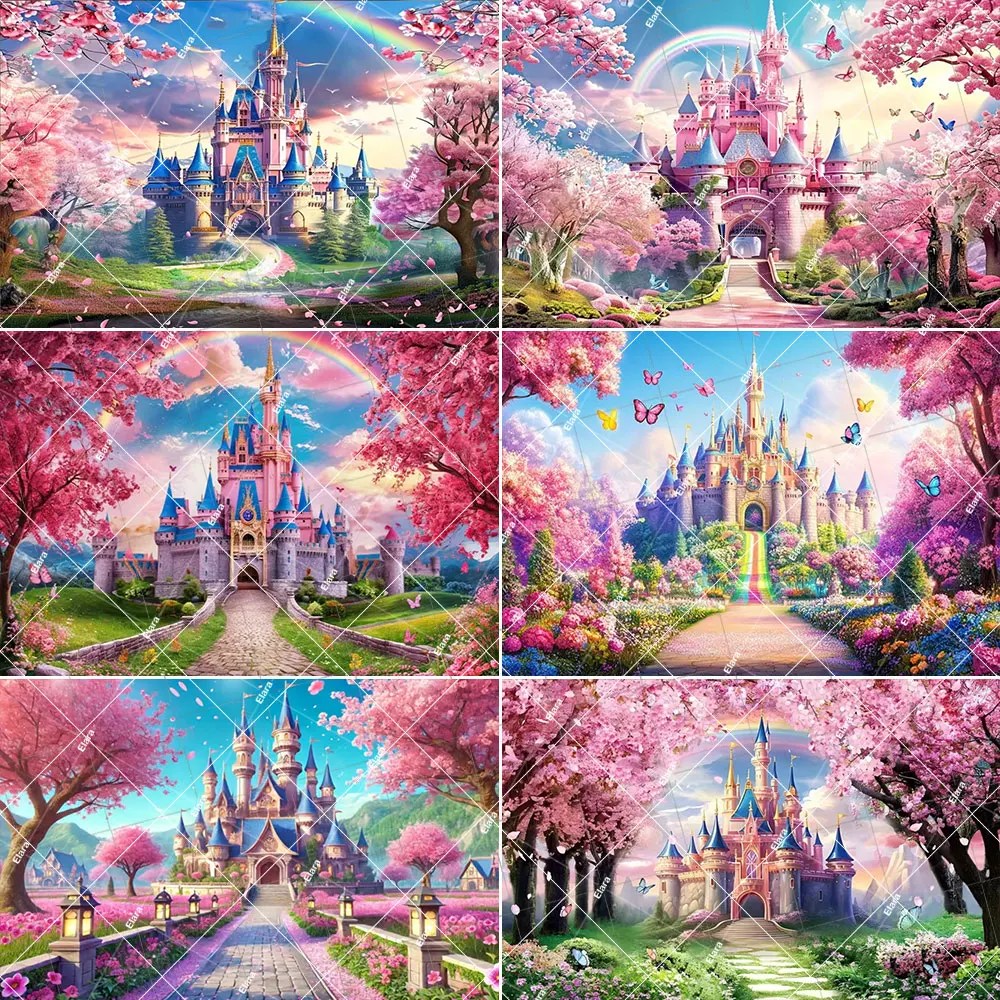 

Dream Fairy Tale Castle Backdrop Girl Birthday Party Decor Princess Castle Pink Sakura Baby Shower Photo Backdrop Supplies