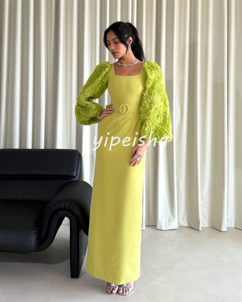 تخصيص الأزياء عالية الجودة جيرسي وشاح اليدوية زهرة الطية مستقيم ساحة الرقبة فساتين متوسطة الطول فساتين السهرة الأنيقة #3