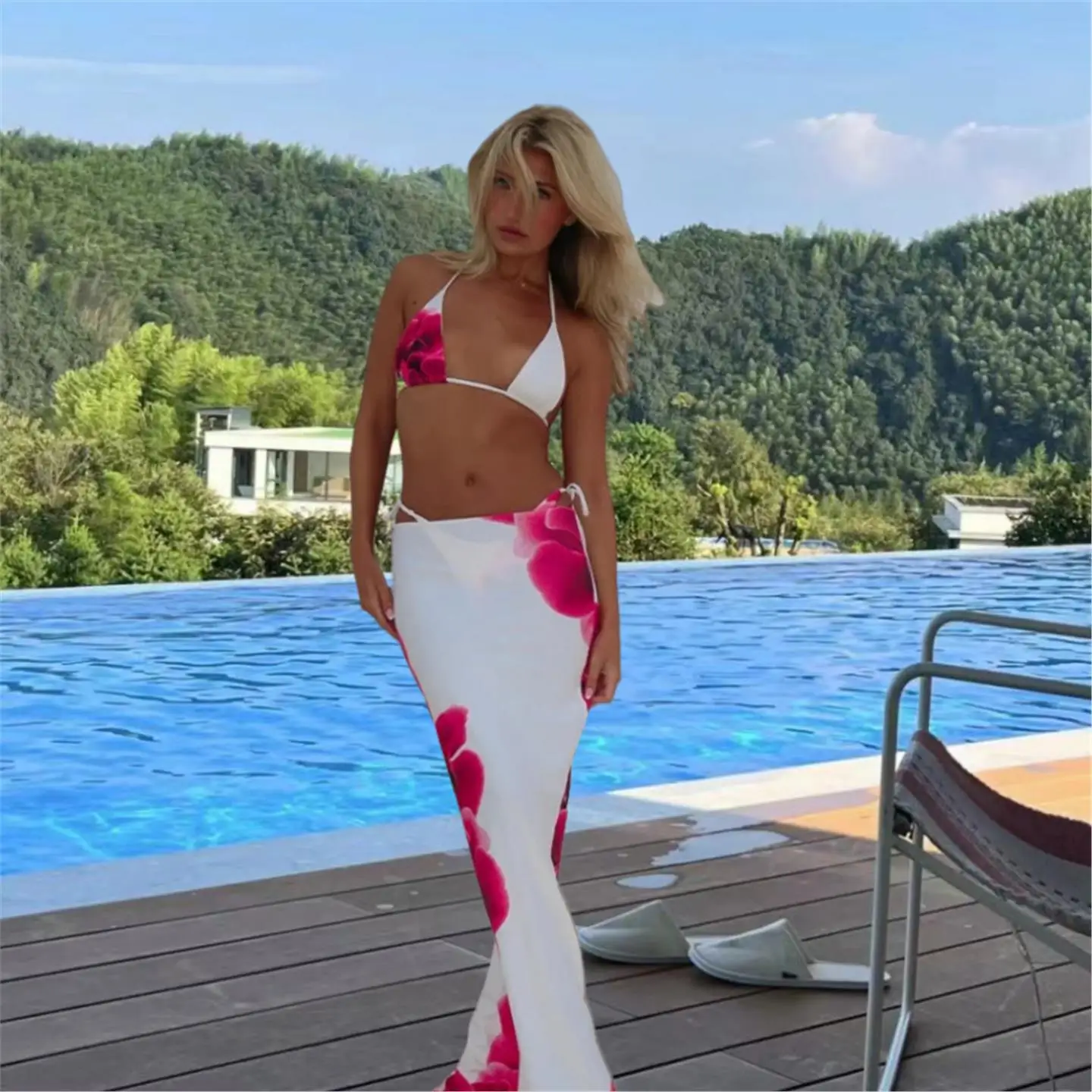 Sexy Bikini Casual Set Women's Summer Print String Half Skirt Leisure Ensemble Cleanfit Style Low Waist PVC Fabric Floral Pat...