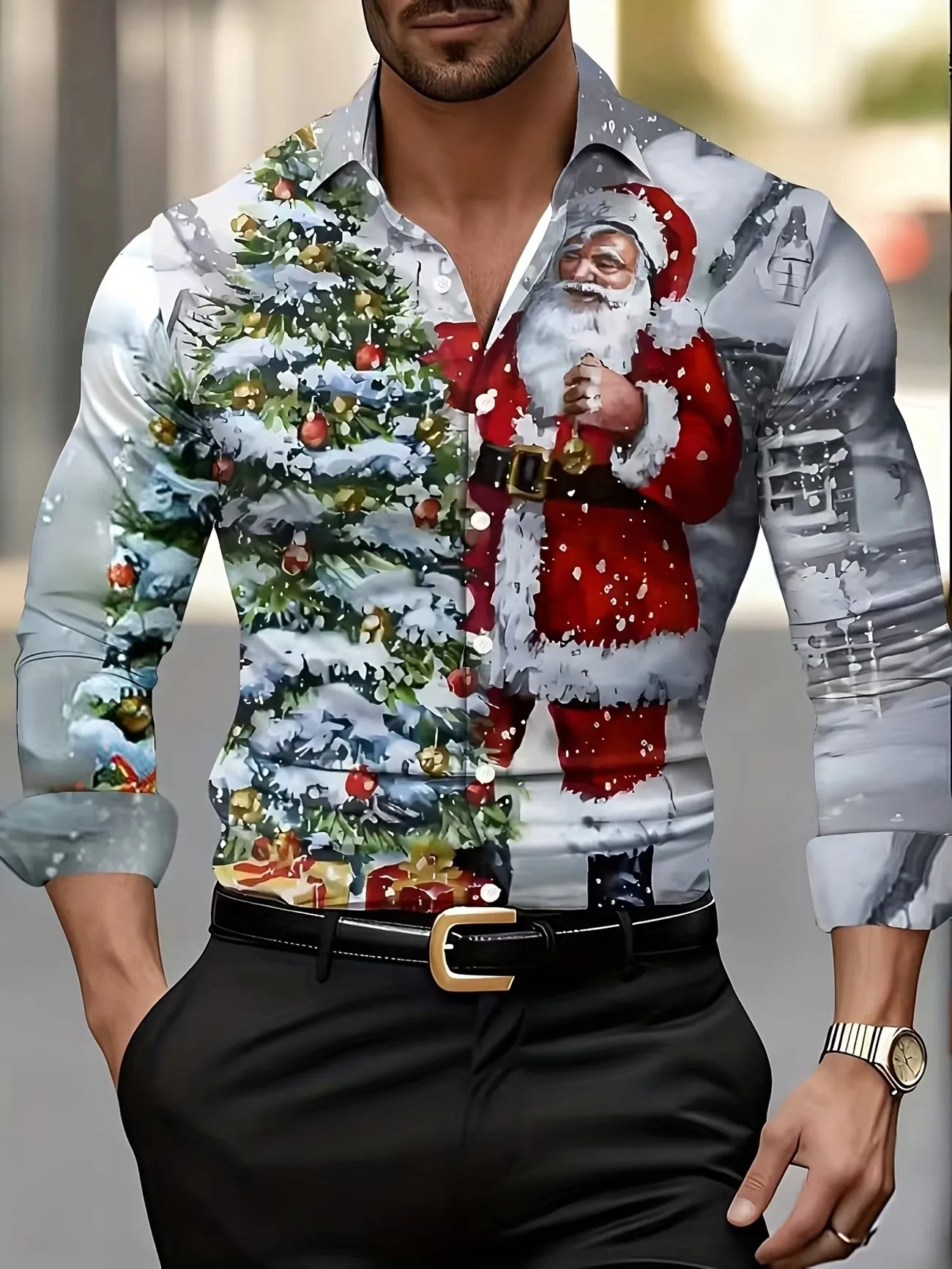New Cartoon Christmas Theme Men's Collar Shirt Chimney Santa Claus Gift Bag Snowflake Full Print Long Sleeve Top